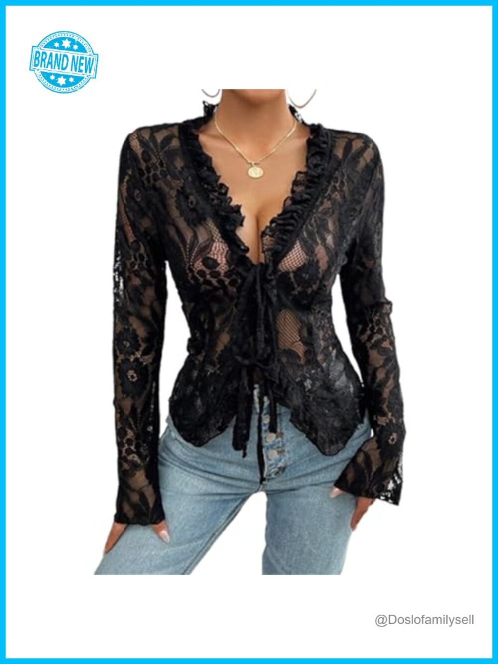 Lace Mesh Long Sleeve Crop Top Open Front Tie Ruffle Y2k Streetwear